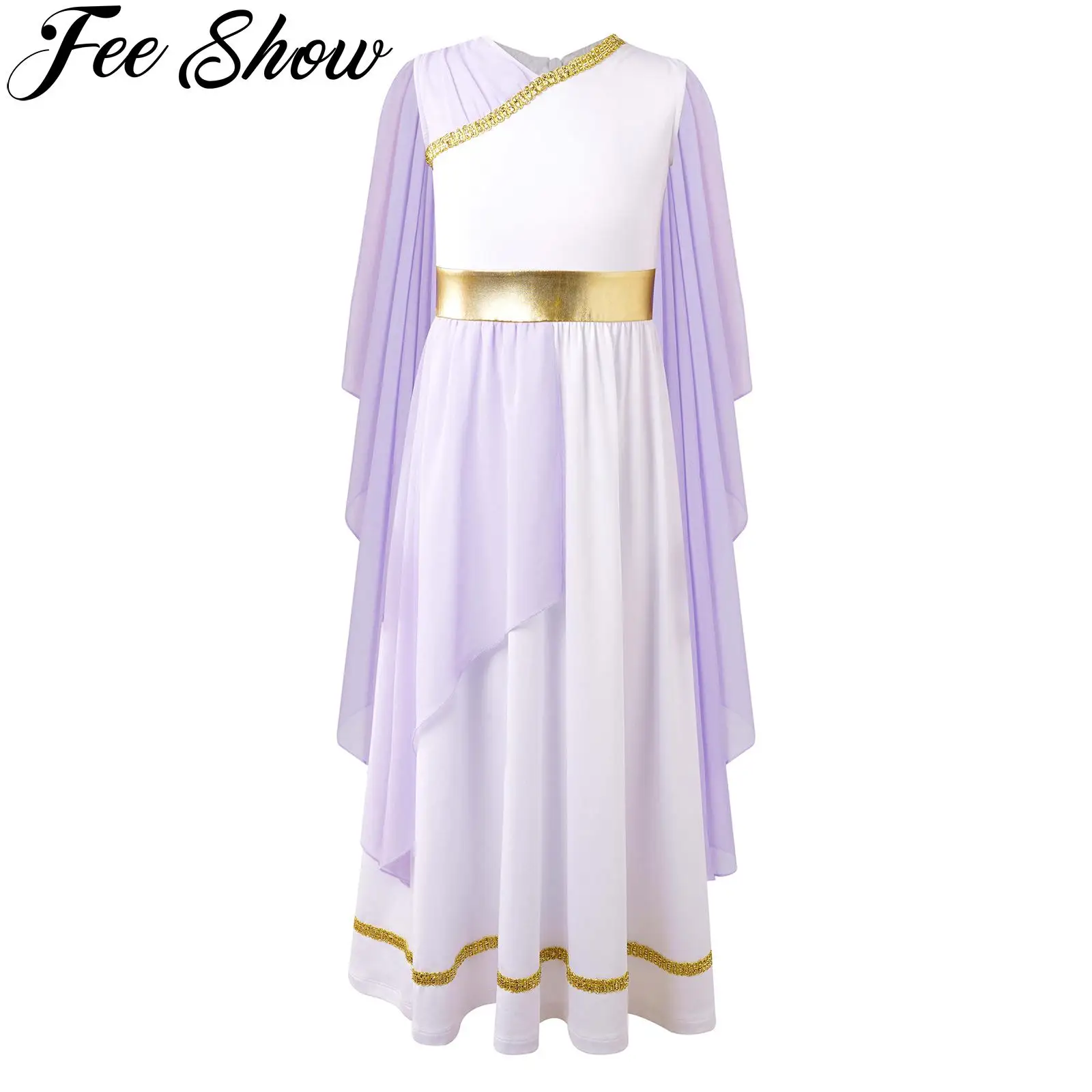 Kids Child Grecian Toga Costume Girls Roman Greek Sleeveless Flowy Tulle Gown Dress Halloween Cosplay Party Performance Costume