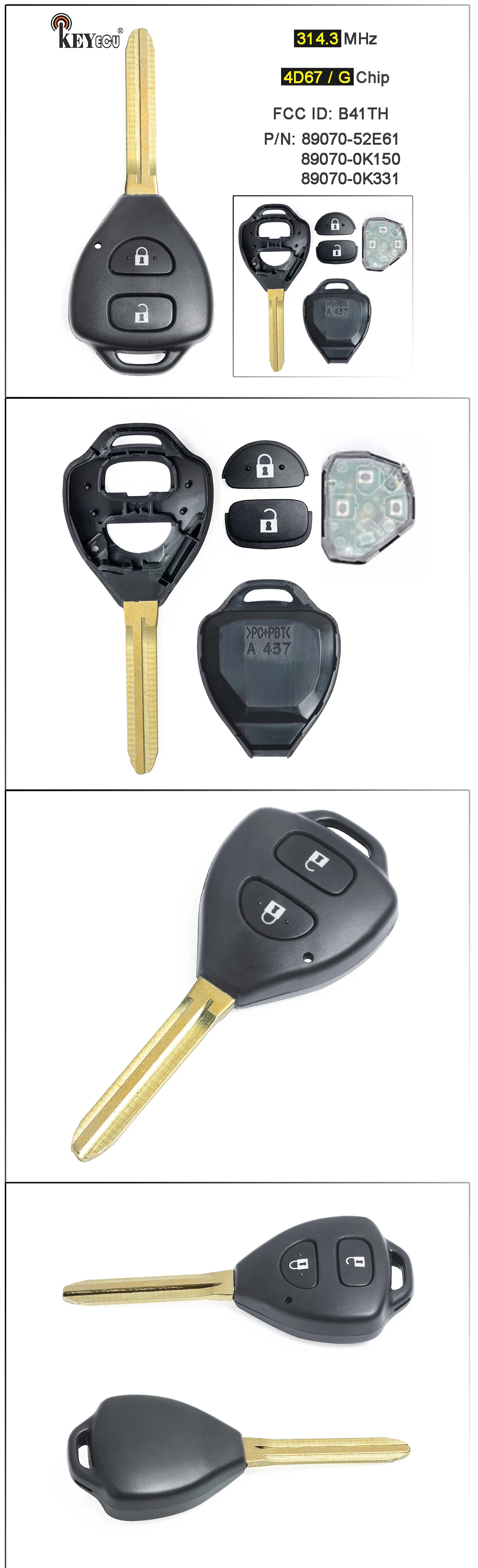 Keyforkess 314.3MHz 4 d67/G Chip modello: B41TH sostituzione 2 pulsanti telecomando portachiavi TOY43 per Toyota Yaris Hiace Hilux Vigo 2004-2015 - Scd3679b7acbb428388e9eb87f758c495P