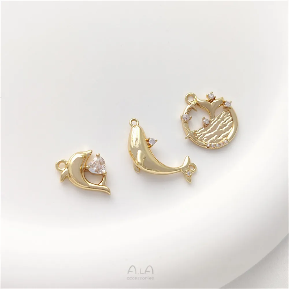 

14K Gold Encrusted with Zircon Whale Dolphin Fish Tail Pendant Sea Creature Pendant Bracelet Earrings Charm