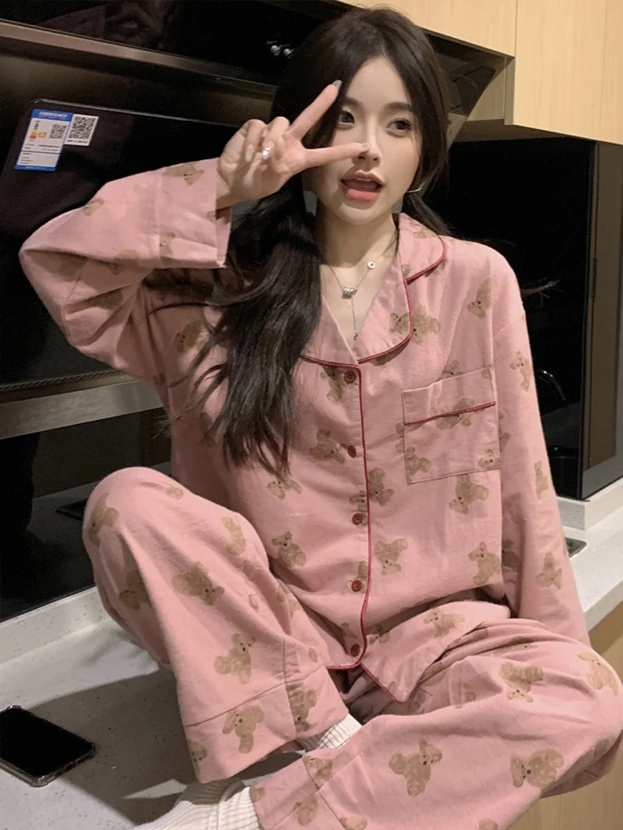 Korean Ins Style Cute Bear Pajamas Women's Spring and Autumn 2024 New Brushed Long Sleeve Long Pants Loungewear Set