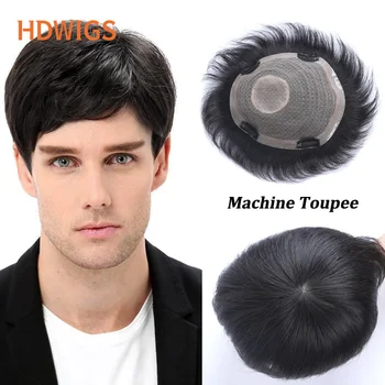 HDWIGS Men Machine Toupee Straight 100% Remy Human Hair System Wave Male Toupees Human Hair Wigs Short Hair Wigs Natural Color 1
