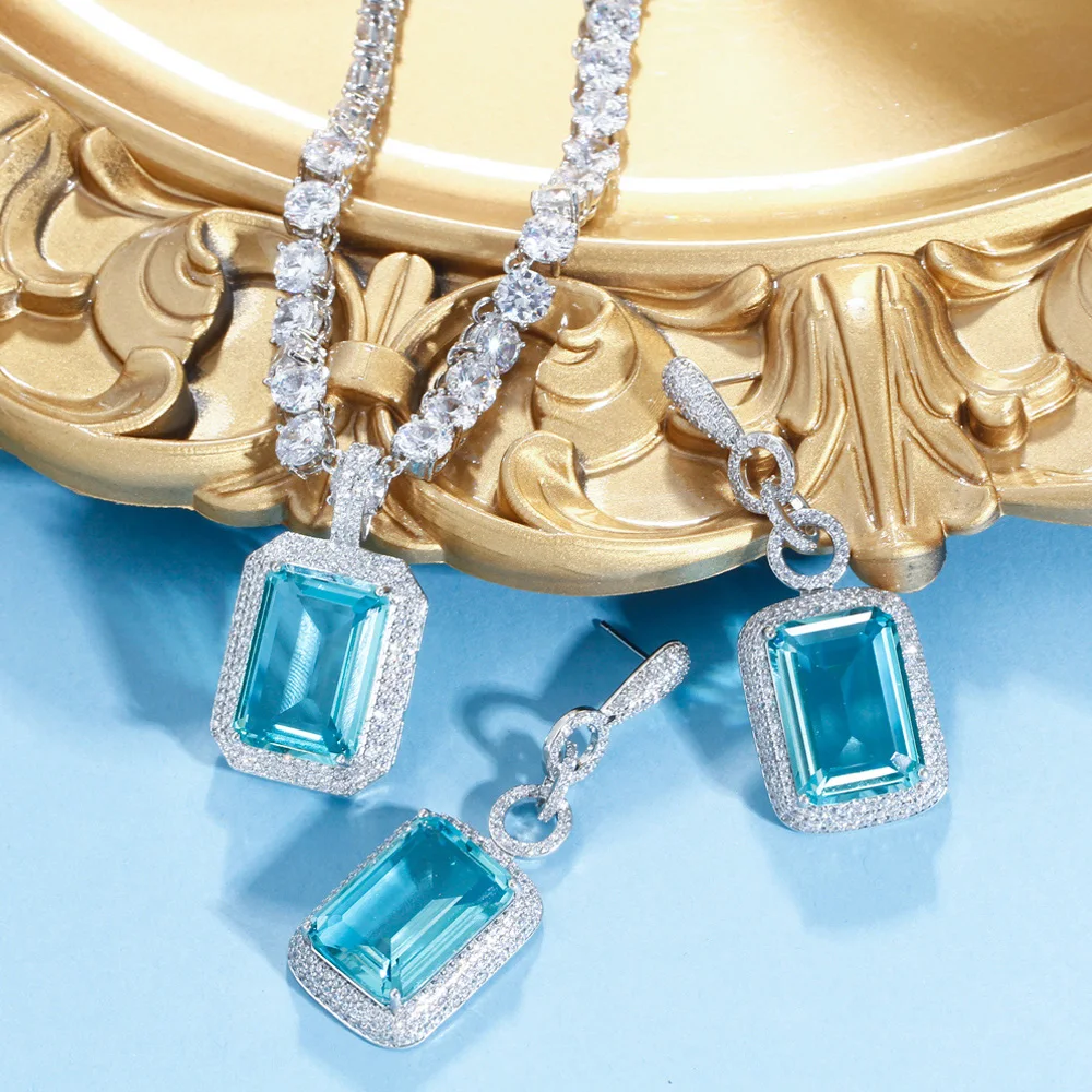 Pera Expensive Light Blue CZ Stone Large Square Pendant Crystal