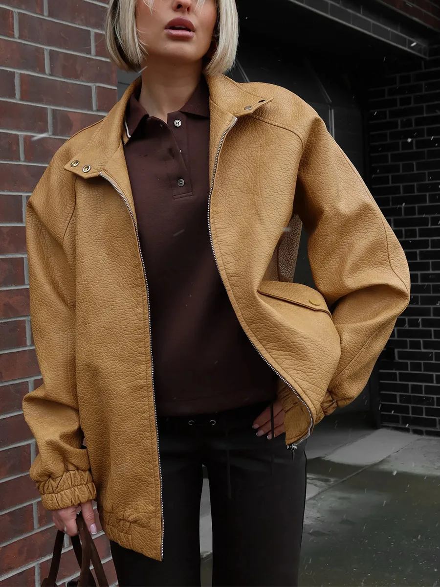 Bornladies New Women's Stand Collar Zip Up Faux Leather Jacket Oversized Fit Long Sleeve Autumn Comfort Jackets