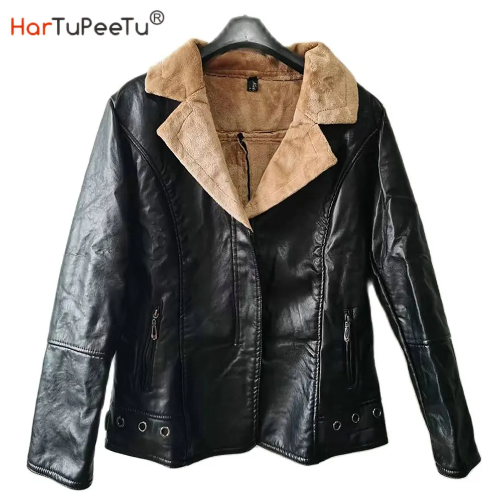 Shearling PU Jacket Winter 2022 Balck Add Thicken Warm Fur Short Faux Leather Coat Slim Flit Motorcycle Zip Outerwear autumn faux mink leather jacket mens winter thicken warm fur short leather coat men slim jackets jaqueta de couro fashion hooded