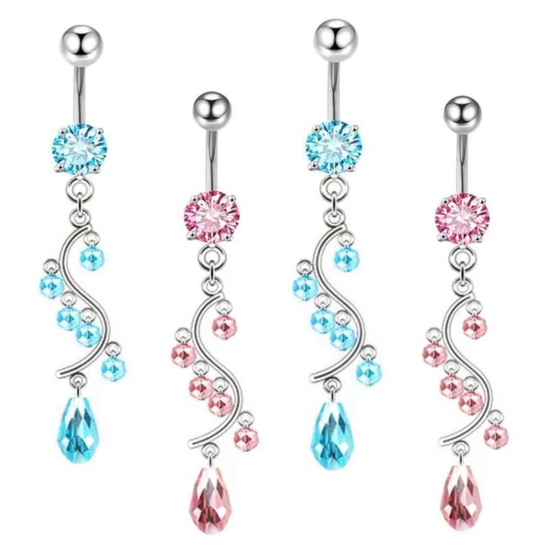 

14G Belly Button Rings Stainless Steel Round Cubic Zirconia Navel Barbell Stud Body Piercing Dangle Long Navel Bar Mix 2 color