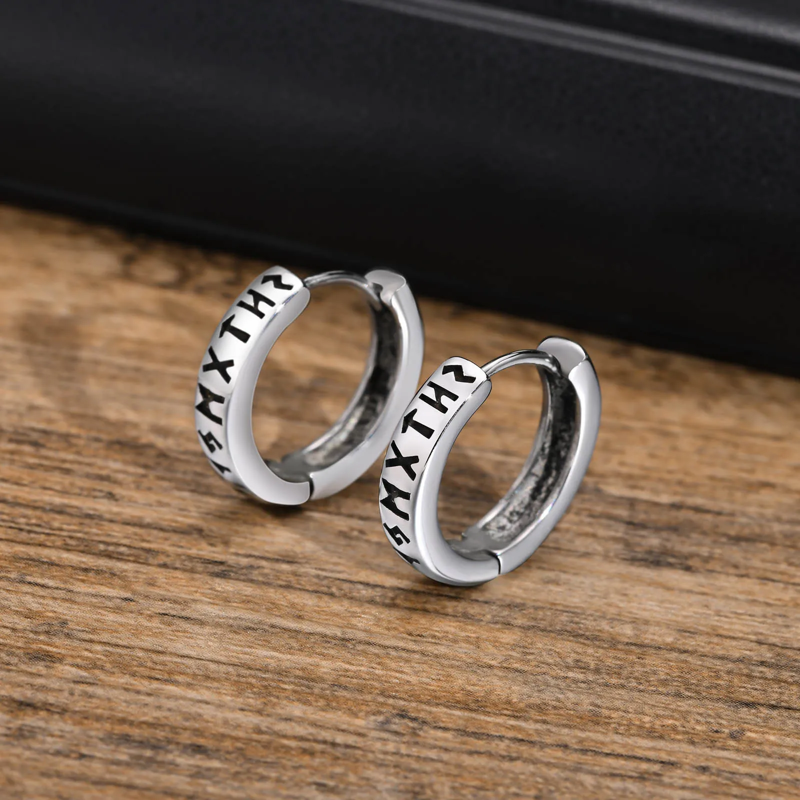 Vnox Viking Runes Earrings for Men Boys, Retro Silver Color Stainless Steel Hoop Huggie Earrings,Hypoallergenic Ear Gift Jewelry