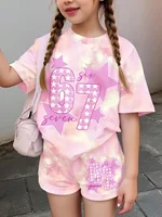 67 Six Seven Girls Clothes Cute Tie-Dye 3D Print Girls Short Sleeve T-Shirt + Pants Set Casual Fashion Children's Clothes Tops 1