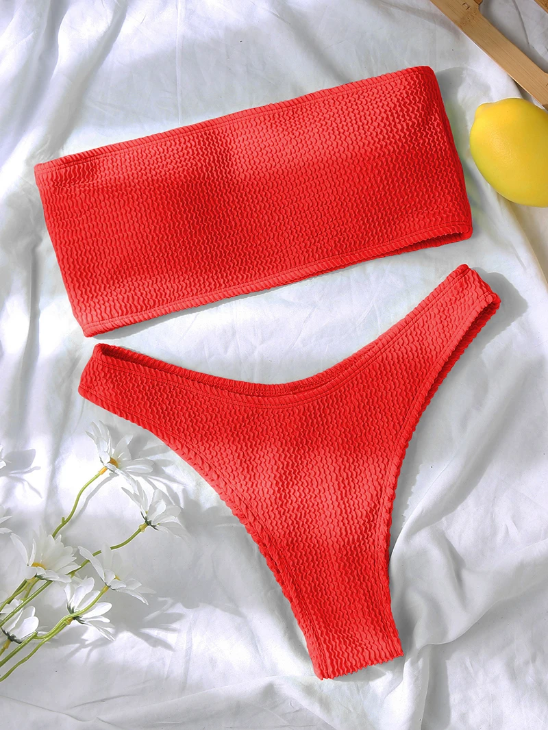 cute bikini sets Sexy Off Shoulder Bandeau Bikini for Women 2022 New Push Up Swimwear High Waist Swimsuit Ribbed Solid Bathing Suit Bikini Sets plus size swimwear