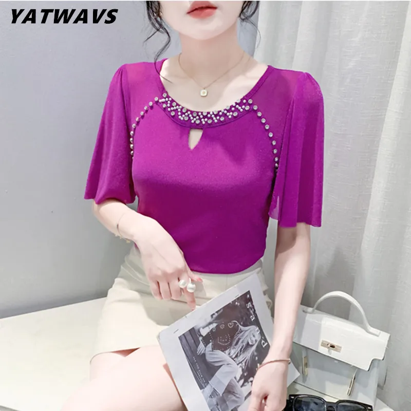 

Новое поступление, Женская шикарная футболка с круглым вырезом и коротким рукавом, летние милые женские Сексуальные облегающие сетчатые топы с вырезами, блестящие футболки