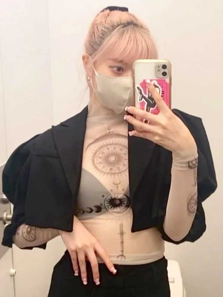 Long Sleeve Mesh Women T Shirt Streetwear Printing Y2k Accessories See Through Vintage Clothes Sexy Fashion Hot Ropa Mujer