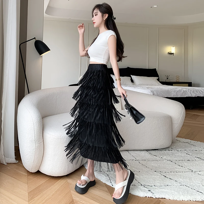 

Luxury Tassel Long Skirt Women Summer 2023 Niche Design Drape Black Skirt Female Elegant Elastic Waist Evening Faldas Mujer New