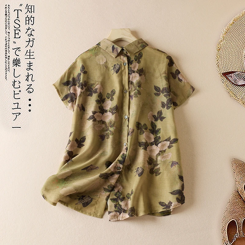 2024 Summer Fashion Print Short Sleeve Loose Casual Beach Holiday Blouse Shirts Women Vintage Ladies Cute Tops