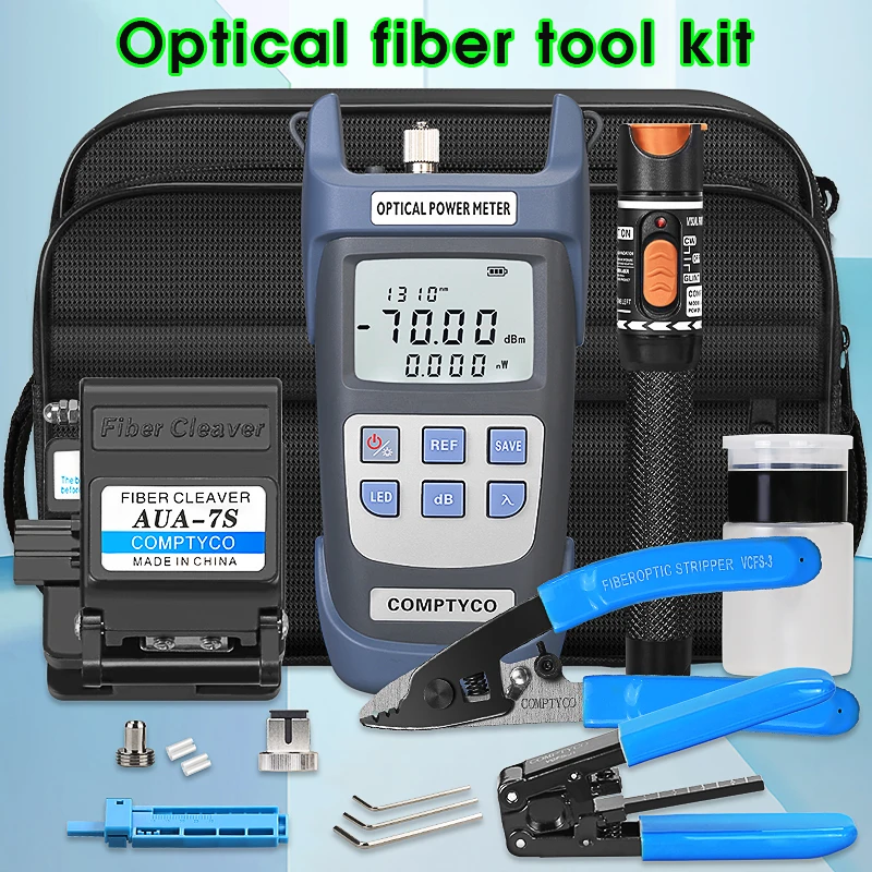 19PCS/set FTTH Fiber Optic Tool Kit with AUA-7S Fiber Cleaver -70～+10dBm Optical Power Meter 10mw Visual Fault Locator ftth fiber optic tool kit with fiber cleaver 70 10dbm optical power meter visual fault locator 10mw