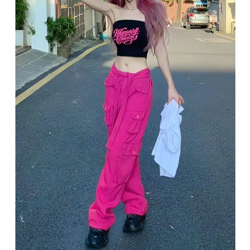 Rose Jeans American High Street Dragon Fruit Color Matching Fall Multi-pocket Loose Thin Wide Leg Work Pants Women Clothing