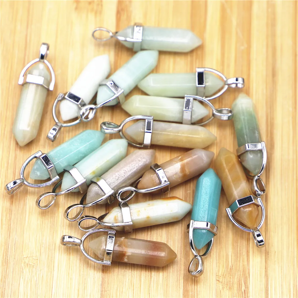 New Natural Gems Stone Amazonite Pillar Point Pendulum Pendant Charm Hexagonal Necklace for Making Women Spiritual Jewelry 24pcs