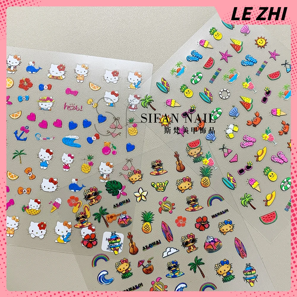 

3D Kawaii Nail Art Stickers Black Skin HelloKitty Coconut Palm Vacation Style Tropical Fruit Nail Decorations Slider Decals DIY