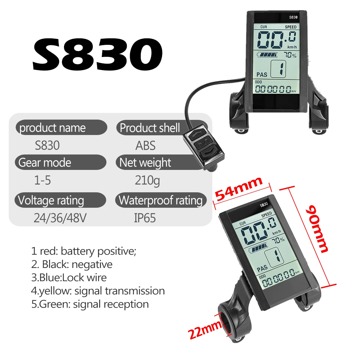 쿤레이 전기자전거 S830U 디스플레이 USB 충전 포트, 전동 스쿠터 방수 플러그 SM 커넥터 24V-48V 패널