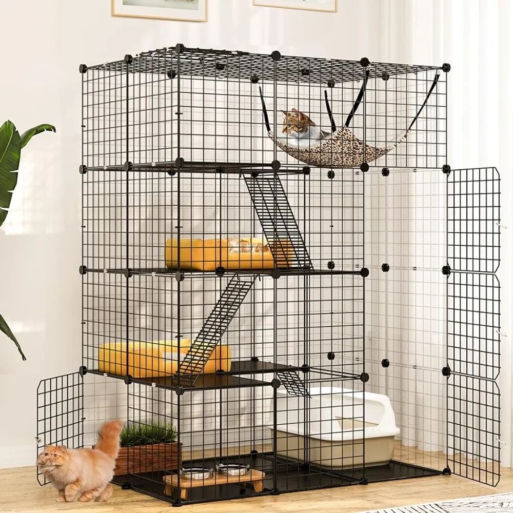 

Cage Indoor Large 4-Tier Enclosure Metal Wire Kennels DIY Playpen Catio With Large Hammock for 1-3 Cats Birdcage