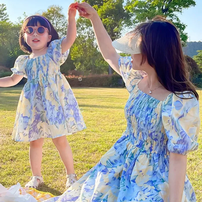 

2023 Summer Mother Kids Chiffon Floral Dress Mom and Daughter Matching Clothes Women Baby Girl Clothes Family Matching Outfits