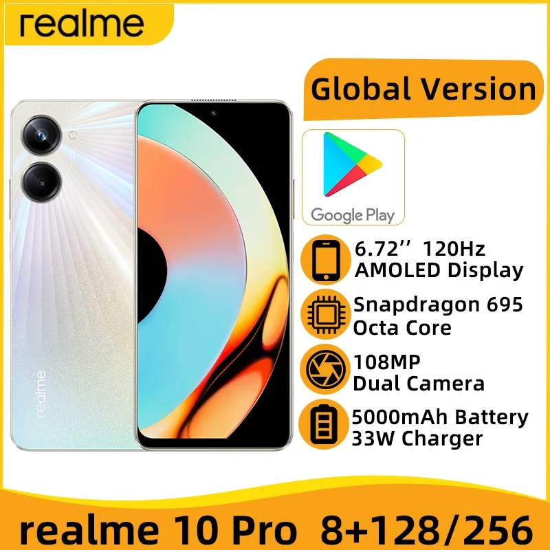 

Global Version realme 10 Pro Snapdragon 695 Octa Core 6.72"120Hz LCD Display 108MP Camera 5000mAh 33W Charger