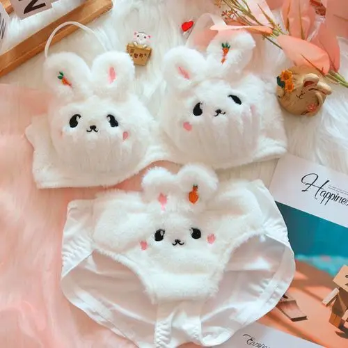 Comfortable Winter and Autumn Plush Bear-shaped Bra Set, Cute Cartoon-style Soft and Warm Small-breasted Gathering Bra