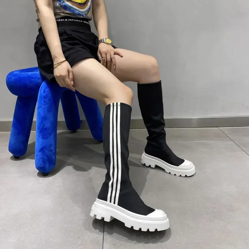 Women's Winter New Square Heel Knee High Sock Boots Slip on Round Toe Boots for Women Ladies Comfortable Casual Platform Boots