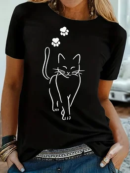Cat Print T-shirt Short Sleeve Crew Neck Casual Top for Summer & Spring Women's Clothing 1