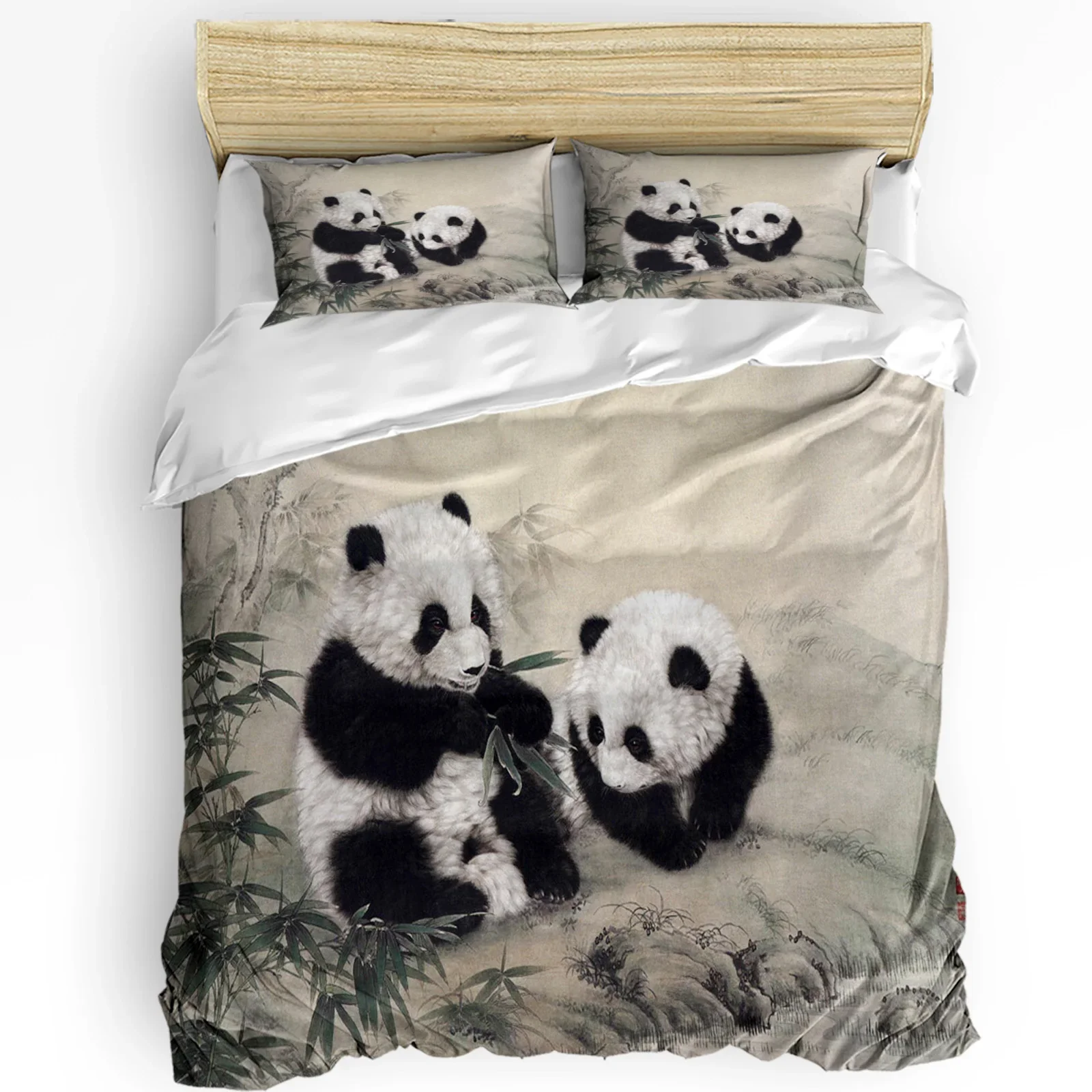 

Animal Panda Bamboo Ink Painting 3pcs Bedding Set For Bedroom Double Bed Home Textile Duvet Cover Quilt Cover Pillowcase