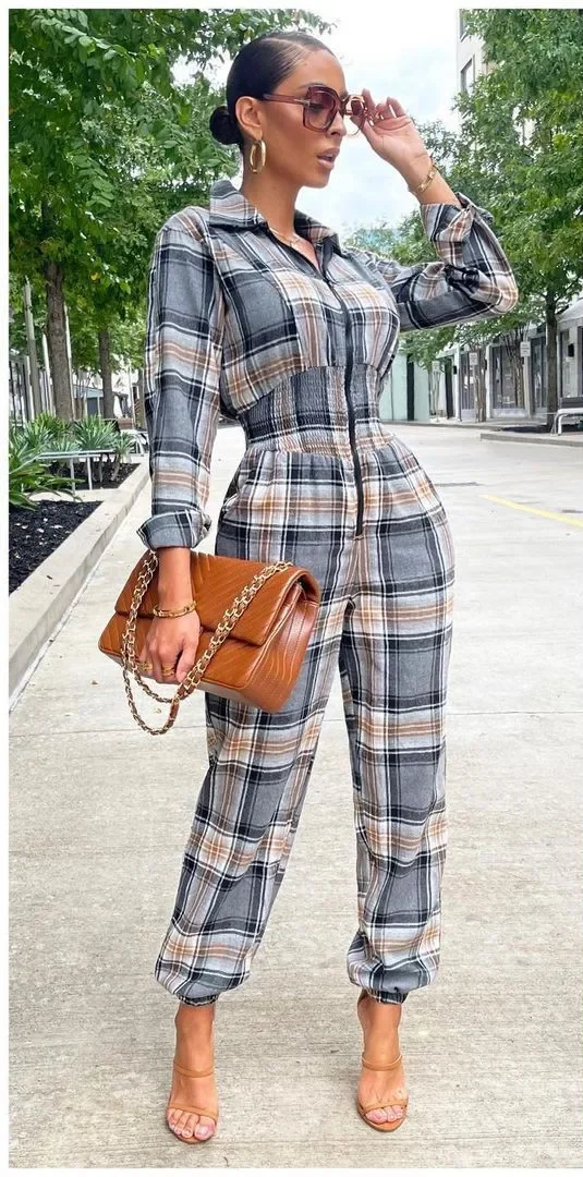 2023 Winter Women's Fake Two-Piece Suit Plaid Turn-down Collar Long Sleeve Zippers Casual Jumpsuits Female Trendy Ladies Clothes