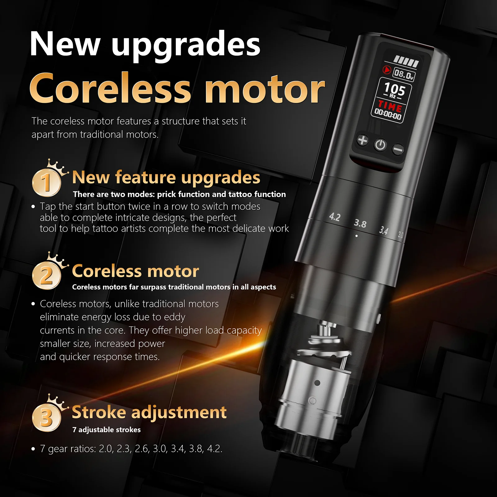 BIGWASP Professional Wireless Tattoo Machine Adjustable Stroke 2.0-4.2mm Coreless Motor 1800mAh Battery Tattoo Pen For Artist
