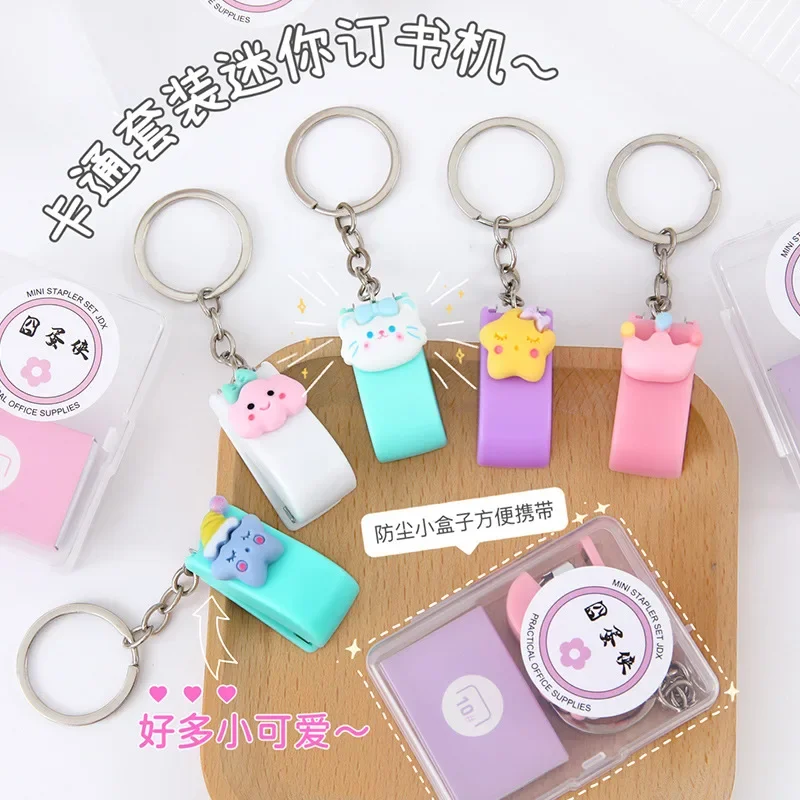 Mini Portable Stapler Staples Set for Student Cute Cartoon Animal Bookbinding Small Keychain Stapler School Supplies