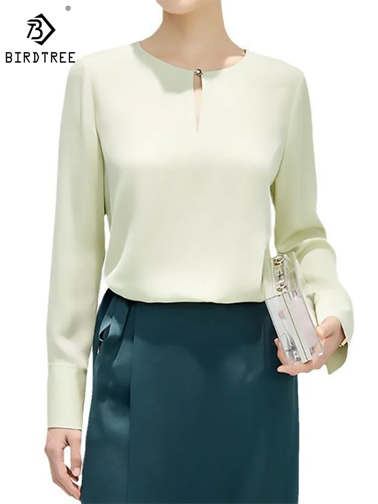 

BirdTree Mulberry Silk O-Neck Long Sleeve Shirt, Solid Color Elegant Fashion Blouses, 2024 Spring New Top, Bean Green T414109QM