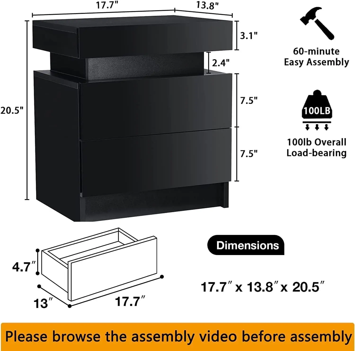 Set of 2 LED Nightstands Black Nightstand with Led Lights Modern Night Stand with 2 High Gloss Drawers Led Bedside Table