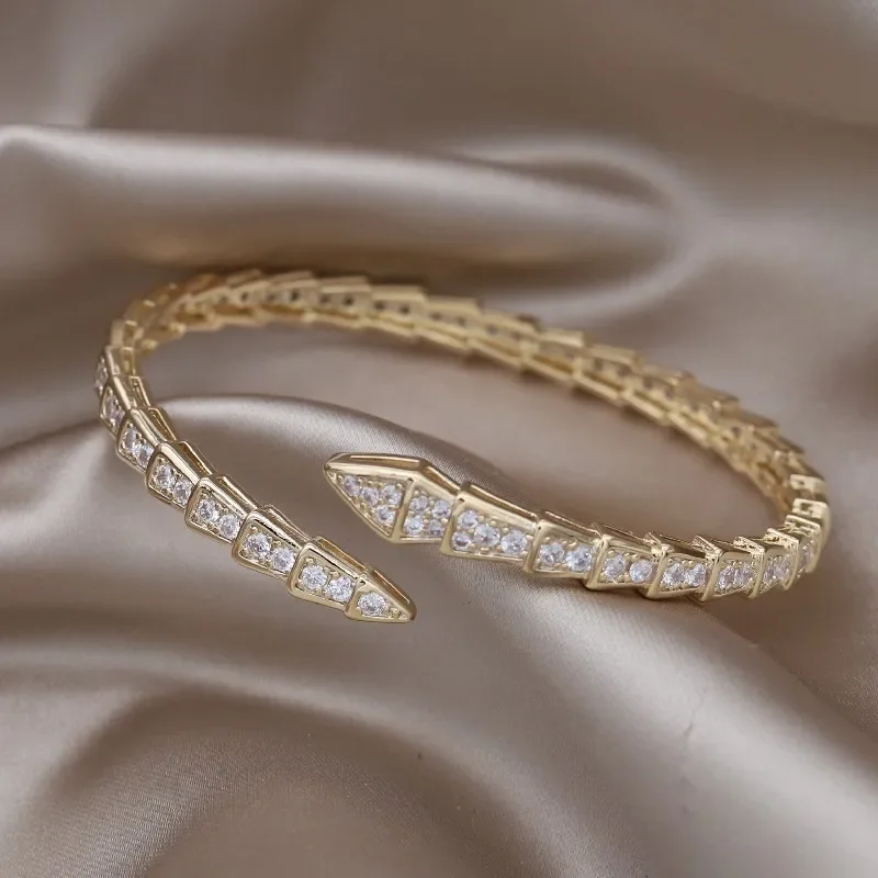Gold Plated Copper Inlaid Zircon Snake Open Bracelet Women Party Accessories bangle bracelet,zircon bracelet,snake bangle bracelet
