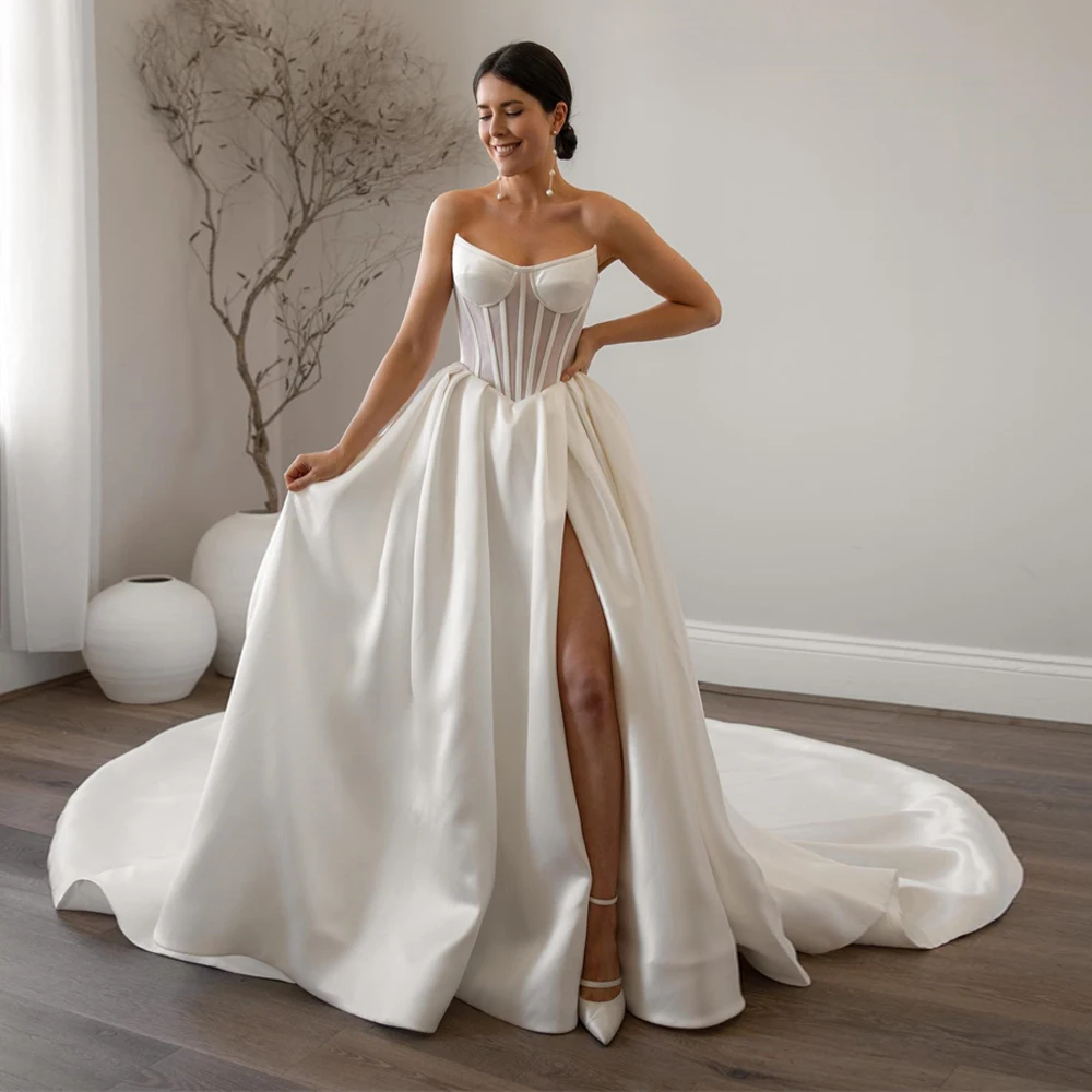 Sexy High Side Slit Wedding Dresses Illusion Bone Backless Satin