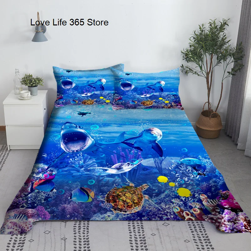 Shark Bed Sheet Set 3D Printed Underwater World Bed Flat Sheet With Pillow Cover For Adults Kids Bedding King Size Dropshipping 1