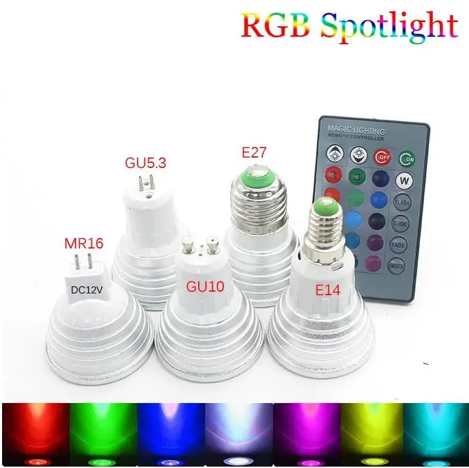 

E27 E14 GU10 GU5.3 MR16 12V 3W RGB Spotlight LED Bulb 85-265V With 24keys Remoter Dimmer Colorful Night lighting Decoration