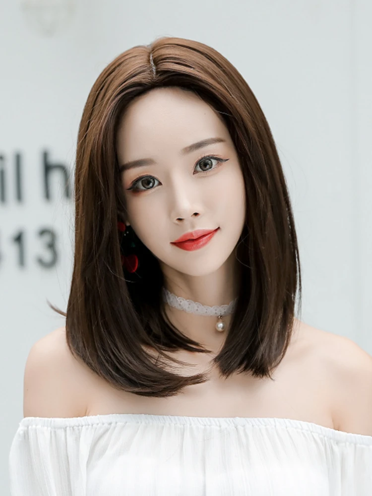 

Wigs, women's short hair, medium parting, medium and long hair, Internet celebrities, shoulder-length, round face, long straight