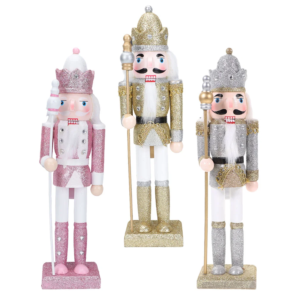 

3Pcs Wooden Christmas Nutcracker Soldier Glitter Nutcracker Ornament for Shelves Tables