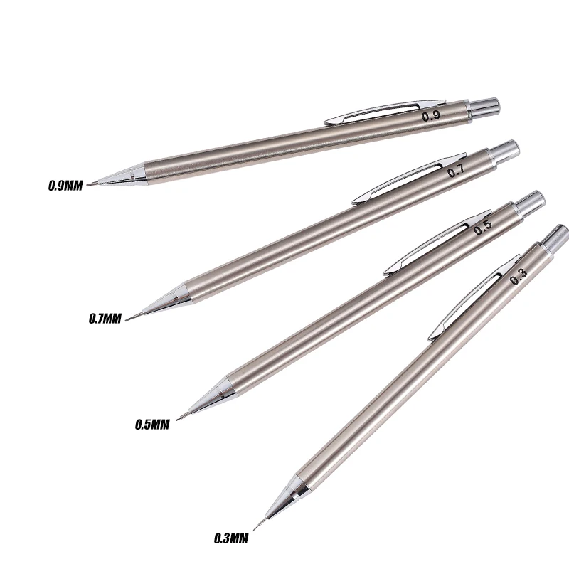 0.3 0.5 0.7 0.9mm Metal Automatic Pencil with Eraser HB Lead Stainless Steel Silver Office Art Supplies Drawing Stationery 6