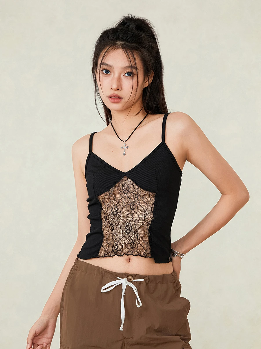 

Women Y2k Lace Crop Cami Top Sheer Mesh Spaghetti Strap Tank Top Sexy Sleeveless Camisole Summer Backless Vest