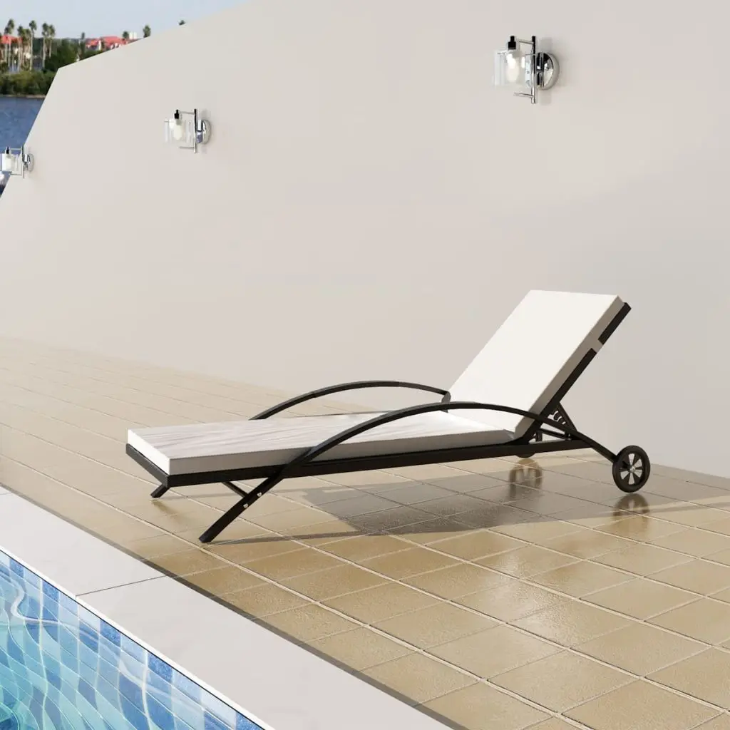 Outdoor Patio Garden Sun Lounger Lounge Chairs for Pool Outside Deck with Cushion & Wheels Poly Rattan Black