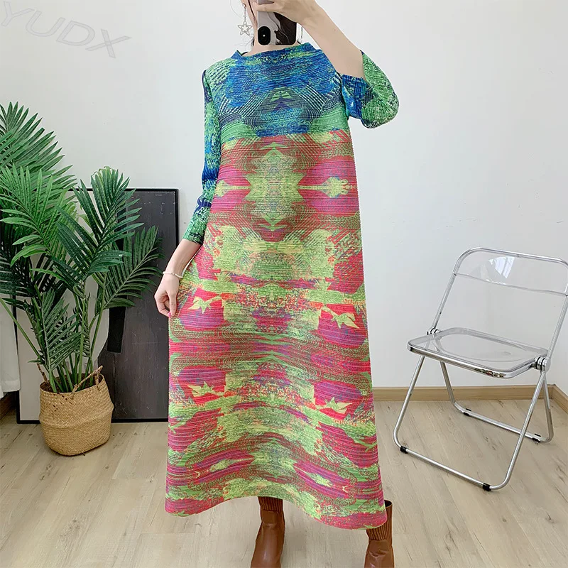 

YUDX Miyake Fashion Print Dresses 2023 Fall Winter New One Neck Pleated Seven-minute Sleeve Tie Loose Plus Size Women's Skirt
