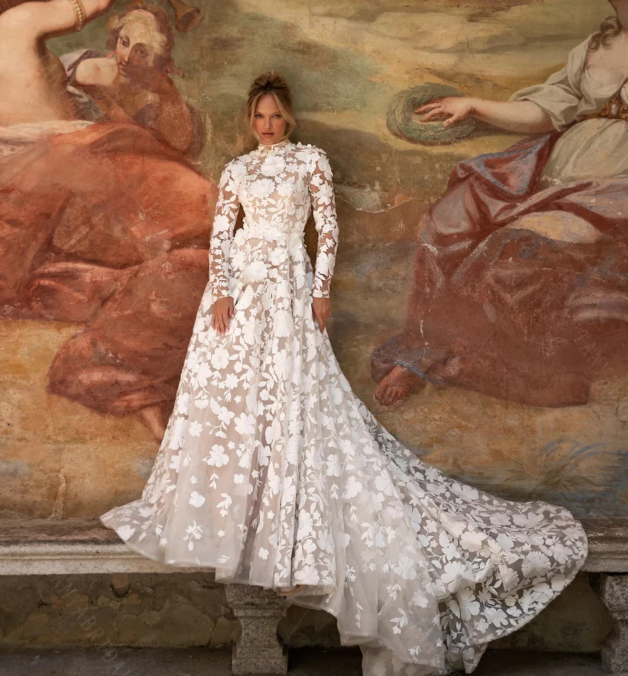 chinese dress ladies Asymmetrical Mermaid High Split One Shoulder Floor-Length Long Sleeve Open Back Appliques Lace Wedding Dresses main image 0