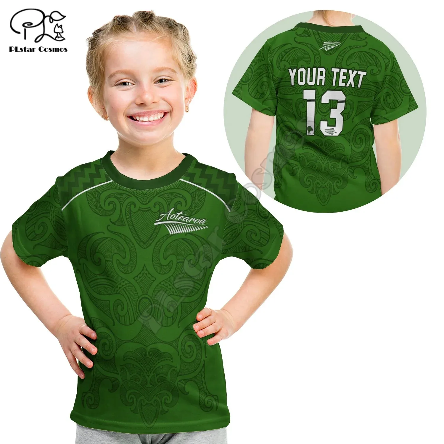 

Custom Personalised Maori 2023 T Shirt Kid Green Aotearoa Tattoo Custom Text And Number 3D Printed T Shirts Summer Kids T-shirt