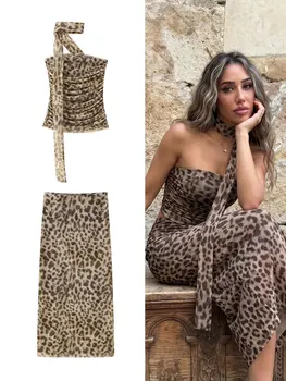 HH Women Leopard Print 2 Piece Outfit Midi Skirt Suit Sexy Summer Backless Strapless Crop Top Fashion Elegant Beach Party Sets 1