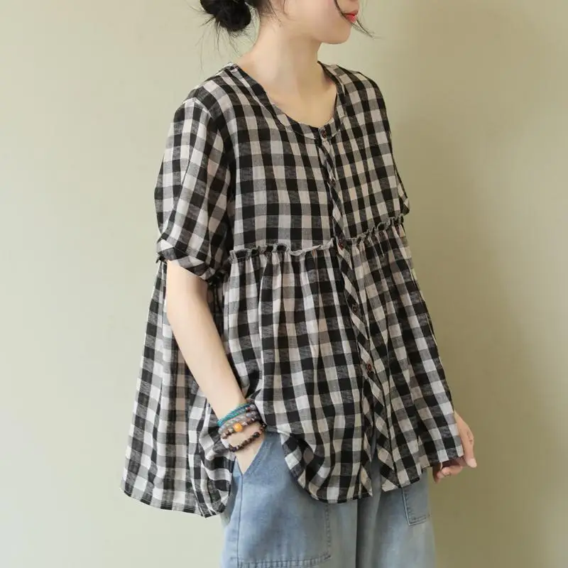 Fashion O-Neck Button Loose Spliced Ruffles Plaid Shirts Women Clothing 2024 Summer New Oversized Casual Tops All-match Blouses