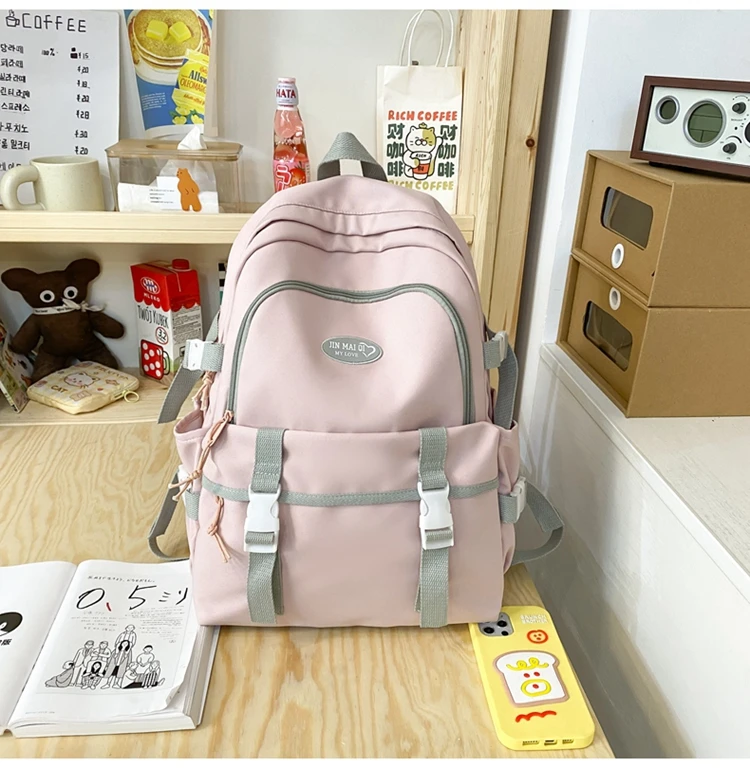 New High School Harajuku Double Buckle Women Backpack School Bags Teenage Girls Kawaii Backpack Waterproof Student Bag Mochila