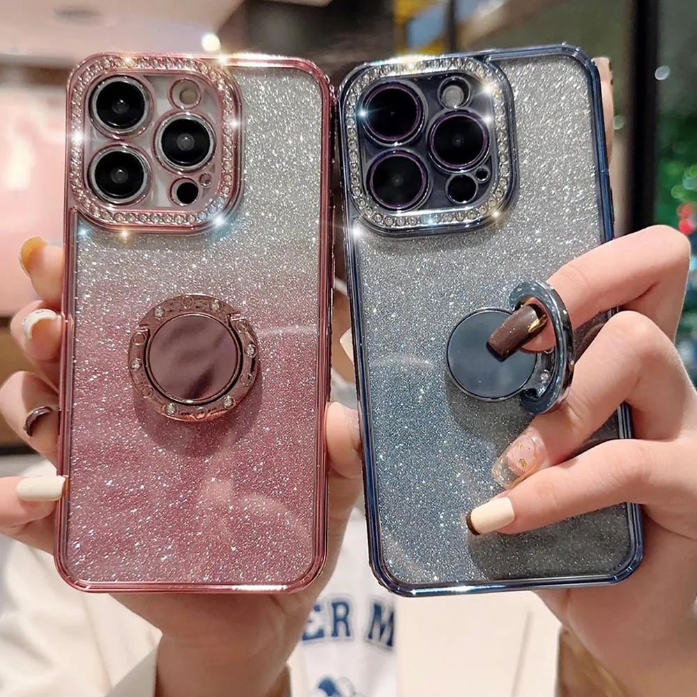Placcatura Bling Glitter Diamond Case per iPhone 14 13 12 11 Pro Max X XR XS Max 7 8 Plus Anello di protezione per obiettivo Cover posteriore_voghion.com