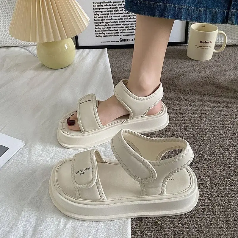 

Sandals for Woman Beige Summer 2023 with Low Heels Women's Shoes Outdoor Footwear Platform One Word Sale Asian Size Comfort Vip